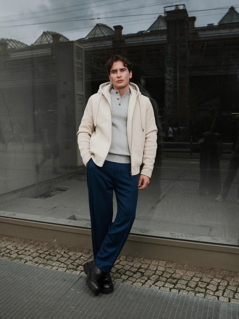 Men's Knit Cream Zip-Up Hoodie Sweater, Size M- SonnyBono NWT